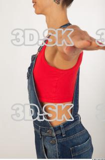 Upper body modeling pose blue jeans red singlet of Rebecca…